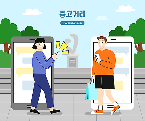 전신 공원 여자 남자 일러스트 들기 성인 두명 스마트폰 쇼핑백 걷기 만남 가리킴 상인 고객 발견 채팅 성인만 중고거래 국내일러스트 AI파일 공공시설 컨셉 가방 모션 사람 손짓 핸드폰 스마트기기 거래 파일형식 벡터