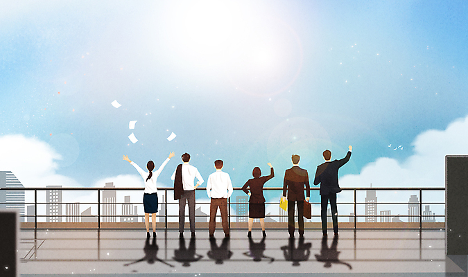 전신 PSD 구름 여자 남자 일러스트 회사 하늘 함께함 그림자 서기 정장 여러명 성인 햇빛 손들기 파이팅 희망 만세 옥상 동료 문서 성인만 흩날리기 국내일러스트 자연요소 옷 감정 다수 컨셉 비즈니스 관계 모션 사람 태양 파일형식