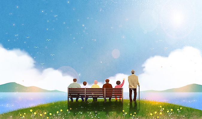 전신 PSD 구름 여자 할아버지 노년 남자 할머니 바다 벤치 일러스트 하늘 산 함께함 그림자 서기 앉기 초원 여러명 친구 햇빛 손들기 맑음 파이팅 희망 노인만 국내일러스트 자연요소 감정 다수 컨셉 의자 관계 모션 날씨 사람 성인 태양 성인만 파일형식