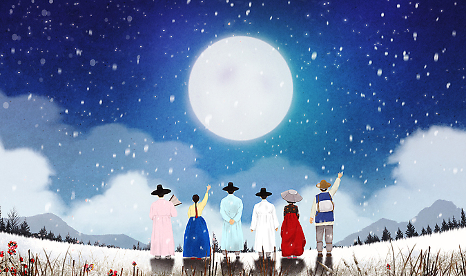 전신 PSD 구름 여자 남자 겨울 일러스트 밤하늘 함께함 그림자 서기 여러명 성인 손들기 설원 파이팅 희망 보름달 눈 야간 한복 조선시대 양반 기생 선비 눈내림 성인만 국내일러스트 갓모자 자연요소 직업 모자_잡화 한국전통 계절 감정 다수 컨셉 모션 하늘 날씨 전통소품 눈_날씨 사람 달 역사 전통의상 신분 파일형식