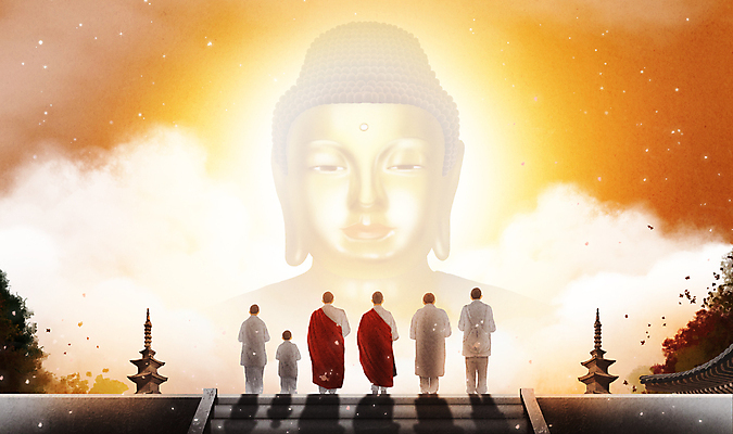 전신 PSD 구름 여자 남자 어린이 불교 일러스트 하늘 함께함 그림자 서기 여러명 성인 노을 파이팅 희망 기도 사찰 석탑 승려 동자승 부처 후광 국내일러스트 자연요소 감정 종교 다수 컨셉 종교건축 모션 사람 빛 탑 성직자 파일형식