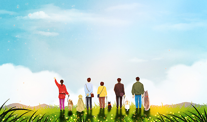 전신 PSD 구름 여자 남자 반려견 여러마리 일러스트 하늘 함께함 그림자 서기 초원 여러명 성인 반려동물 손들기 맑음 파이팅 희망 산책 강아지 성인만 국내일러스트 자연요소 동물 감정 다수 컨셉 모션 날씨 휴식 사람 개 파일형식