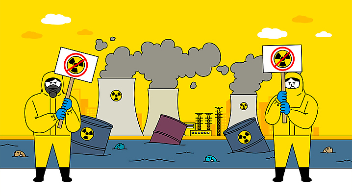 전신 남자 일러스트 공장 서기 들기 성인 두명 노란색 팻말 금지 위험물 반대 드럼통 원자력 시위 방사능 생태계파괴 원자력발전소 폐수 폐수방류 해양오염 성인남자만 방사능복 국내일러스트 AI파일 옷 컬러 공업 모션 프레임 사람 에너지 환경오염 위험 남자만 성인만 파일형식 벡터