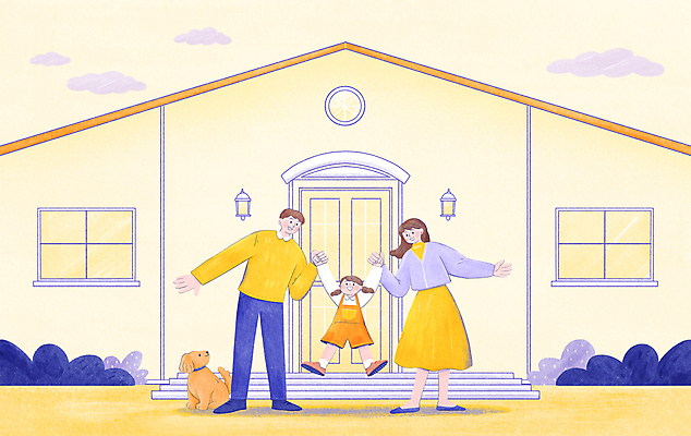 전신 PSD 구름 여자 남자 딸 행복 어린이 일러스트 가족 엄마 수채화 주택 함께함 사랑 가족애 소녀 성인 세명 반려동물 노란색 손잡기 가을 아빠 강아지 국내일러스트 자연요소 동물 계절 감정 컬러 컨셉 관계 모션 사람 건물 개 파일형식