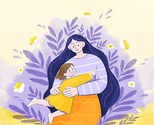 PSD 여자 꽃 딸 행복 어린이 일러스트 가족 포옹 모녀 엄마 수채화 함께함 사랑 가족애 소녀 성인 두명 노란색 보라색 여자만 국내일러스트 식물 감정 컬러 컨셉 관계 안기 사람 파일형식