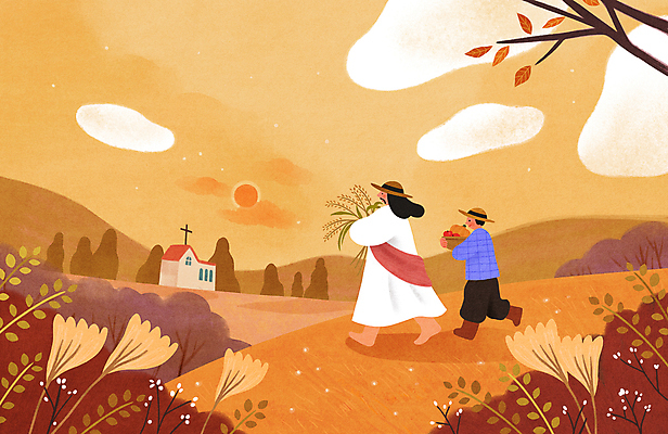 PSD 남자 기독교 어린이 일러스트 곡류 들기 풍경 소년 성인 두명 교회 바구니 걷기 노을 주황색 추수 가을 예수 밀짚모자 추수감사절 남자만 국내일러스트 자연요소 모자_잡화 계절 종교 컬러 농업 종교건축 모션 사람 건물 신_종교 파일형식