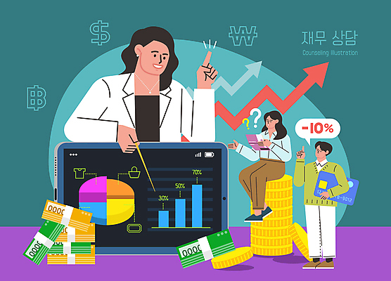전신 옷 여자 남자 화살표 말풍선 돈 일러스트 그래프 성인 세명 태블릿 물음표 가리킴 신용카드 티켓 돈다발 장바구니 상담 통장 지시봉 동전탑 재정 성인만 재무설계사 국내일러스트 AI파일 직업 기호 사람 손짓 금융 전자제품 스마트기기 쇼핑 쌓기 바구니 동전 재산 파일형식 벡터