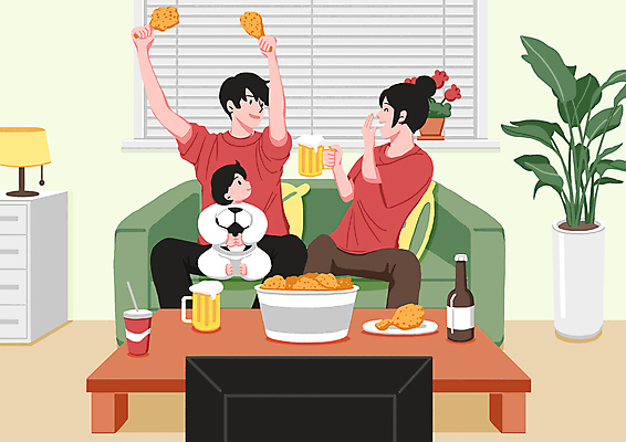 전신 PSD 응시 여자 남자 화분 거실 일러스트 축구공 창문 가족 응원 안기 맥주 웃음 들기 앉기 상반신 성인 세명 소파 텔레비전 치킨 축구응원 콜라 야식 맥주잔 닭다리 맥주병 탁상 성인만 월드싸커 국내일러스트 시선 스포츠 가구 술잔 의자 공 축구용품 관계 모션 술병 주류 표정 사람 전자제품 탄산음료 닭고기요리 파일형식