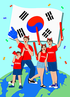 전신 여자 남자 지구 어린이 일러스트 응원 들기 소년 여러명 성인 손들기 응원용품 태극기 축구응원 꽃가루 응원나팔 막대풍선 월드싸커 국내일러스트 AI파일 스포츠 다수 모션 사람 국기 가루 오브젝트 풍선 파일형식 벡터