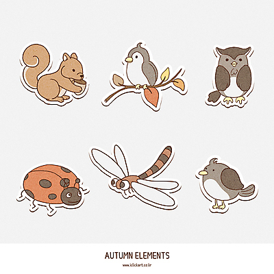 스티커 일러스트 조류 사람없음 세트 가을 잠자리 다람쥐 무당벌레 참새 부엉이 엘리먼트 국내일러스트 AI파일 동물 계절 곤충 설치류 파일형식 벡터