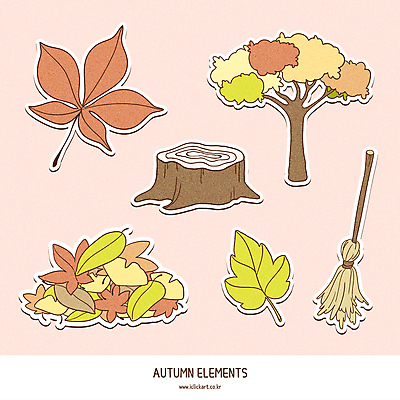 나무 단풍 스티커 낙엽 일러스트 단풍나무 사람없음 세트 가을 빗자루 나무밑둥 엘리먼트 국내일러스트 AI파일 식물 계절 잎 청소도구 파일형식 벡터