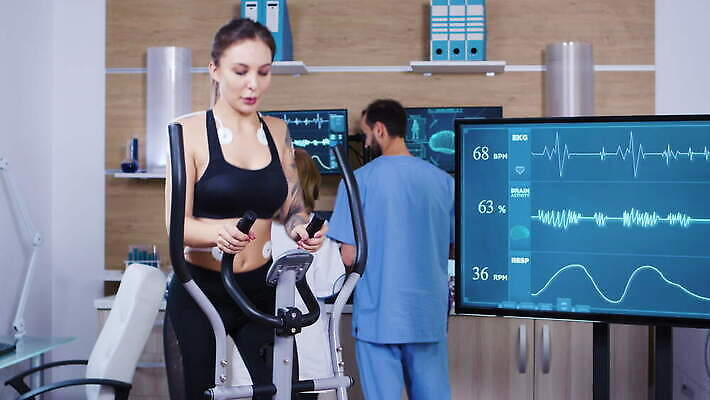 직업 과학 건강 병원 운동복 컴퓨터 달리기 운동 약 건강관리 스크린 모니터 장비 센터 실험실 연습 측정 시설 하이테크 달리기선수 4K MOV 해외동영상 클립영상 옷 의학 모션 기술 실험 관리 전자제품 육상선수 동영상 파일형식