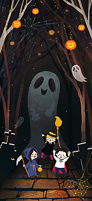 전신 PSD 나무 여자 남자 어린이 일러스트 들기 소녀 소년 세명 분장 걷기 만세 할로윈 유령 야간 거미줄 즐거움 마녀 낫 나무길 드라큘라 마법빗자루 사신 잭오랜턴 코스프레 어린이만 국내일러스트 자연요소 식물 감정 길 모션 사람 빗자루 파일형식