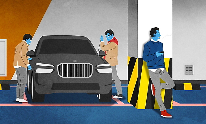 전신 PSD 남자 교복 남학생 일러스트 자동차 청소년 흡연 담배 서기 세명 범죄 도둑 절도 청소년범죄 십대남자만 지하주차장 촉법소년 국내일러스트 학생 옷 육상교통 모션 사람 범죄인 주차장 남자만 십대만 파일형식