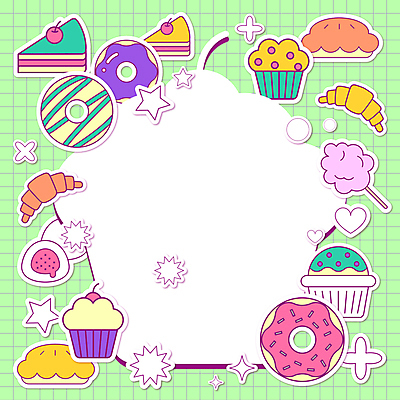 스티커 일러스트 프레임 사람없음 연두색 도넛 조각케이크 컵케이크 크루아상 격자 파이 머핀 모눈종이 모눈 모찌 솜사탕 찹쌀모찌 프레임일러스트 카피스페이스 아기자기 키치 국내일러스트 AI파일 종이 빵 컨셉 무늬 디저트 초록색 케이크 공백 파일형식 벡터