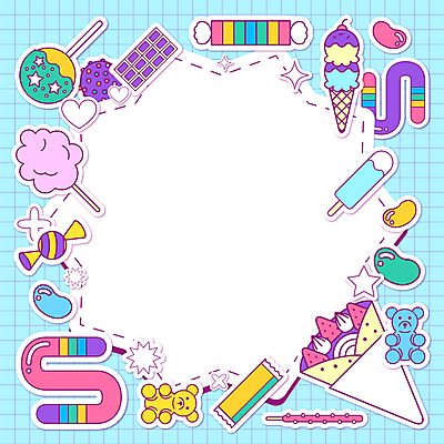 하늘색 스티커 일러스트 프레임 막대사탕 사람없음 초콜릿 껌 격자 젤리 빼빼로 콘아이스크림 모눈종이 곰모양 막대과자 막대아이스크림 모눈 솜사탕 알사탕 크레페 프레임일러스트 카피스페이스 아기자기 키치 국내일러스트 AI파일 모양 종이 컨셉 무늬 곰 아이스크림 디저트 사탕 파란색 과자 공백 파일형식 벡터