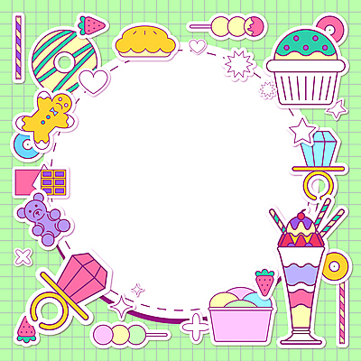 스티커 일러스트 딸기 프레임 사탕 사람없음 연두색 과자 초콜릿 반지 도넛 컵케이크 격자 파이 파르페 젤리 콘아이스크림 모눈종이 곰모양 당고 모눈 보석반지 프레임일러스트 진저쿠키 카피스페이스 아기자기 키치 국내일러스트 AI파일 모양 종이 빵 컨셉 무늬 과일 장신구 곰 아이스크림 디저트 초록색 쿠키 케이크 공백 보석 파일형식 벡터
