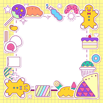 스티커 일러스트 아이스크림 디저트 프레임 막대사탕 사람없음 노란색 케이크 도넛 컵케이크 격자 파이 젤리 모눈종이 마시멜로우 모눈 모찌 찹쌀모찌 크레페 프레임일러스트 진저쿠키 카피스페이스 아기자기 키치 국내일러스트 AI파일 종이 음식 빵 컬러 컨셉 무늬 사탕 쿠키 공백 파일형식 벡터