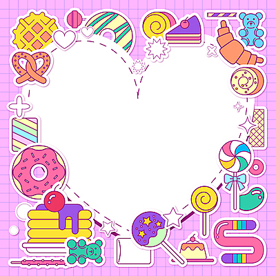 분홍색 스티커 일러스트 프레임 막대사탕 사람없음 하트 도넛 조각케이크 크루아상 격자 젤리 빼빼로 푸딩 와플 팬케이크 롤케이크 모눈종이 마시멜로우 곰모양 막대과자 모눈 프레임일러스트 브레첼 카피스페이스 웨하스 아기자기 키치 국내일러스트 AI파일 모양 종이 빵 컬러 컨셉 무늬 곰 디저트 사탕 쿠키 과자 케이크 공백 파일형식 벡터