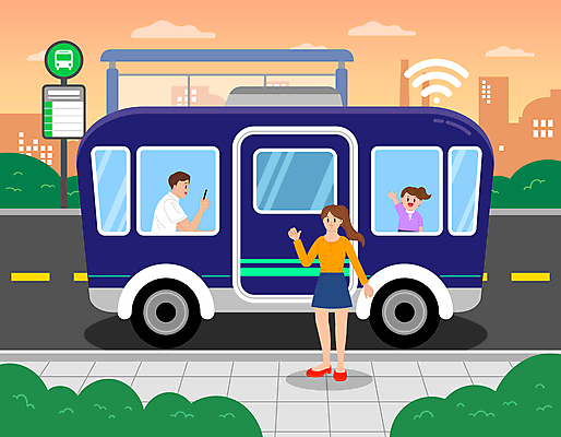 응시 여자 남자 도로 어린이 일러스트 버스 들기 소녀 성인 세명 손들기 도시 버스정류장 승차 와이파이 손인사 승객 버스표지판 탑승객 자율주행 국내일러스트 AI파일 시선 길 육상교통 교통시설 모션 대중교통 사람 운전 인사 표지판 역 무선인터넷 파일형식 벡터 4차산업