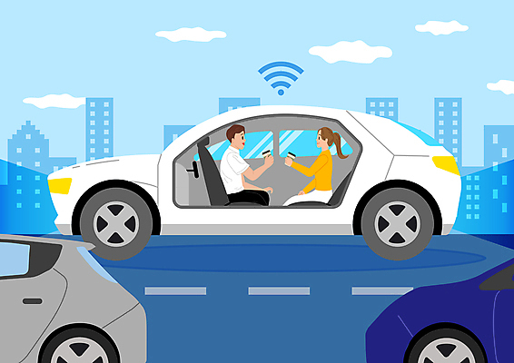 전신 여자 남자 도로 일러스트 자동차 대화 들기 빌딩 성인 두명 마주보기 운전 도시 승차 신호등 와이파이 마주앉기 주행 성인만 자율주행 국내일러스트 AI파일 길 육상교통 교통시설 모션 말하기 사람 앉기 건물 무선인터넷 파일형식 벡터 4차산업