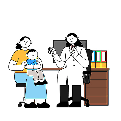 전신 여자 남자 아들 어린이 일러스트 청진기 엄마 병원 들기 앉기 소년 성인 세명 눈감음 진료 의사 소아과 내과 복통 국내일러스트 AI파일 의학 가족 의료기기 모션 사람 의료진 질병 파일형식 벡터