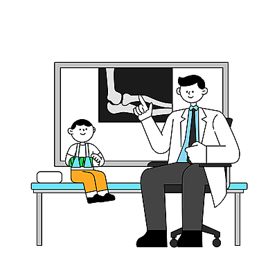 전신 남자 어린이 의자 일러스트 뼈 엑스레이 병원 앉기 소년 성인 두명 스크린 가리킴 소아과 깁스 병원침대 정형외과 남자만 국내일러스트 AI파일 가구 의학 모션 사람 손짓 침대 의료용품 파일형식 벡터