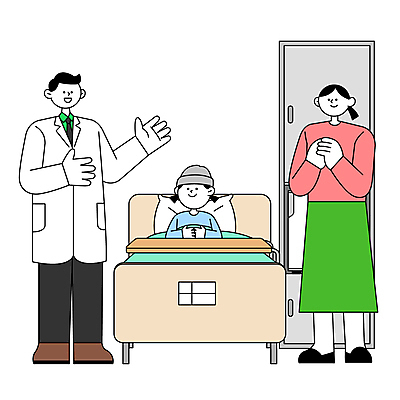 전신 모자 여자 남자 딸 어린이 일러스트 엄마 병원 설명 상반신 성인 세명 눕기 의사 소아과 보호자 병실 병원침대 입원 주치의 국내일러스트 AI파일 잡화 의학 가족 모션 사람 의료진 침대 파일형식 벡터