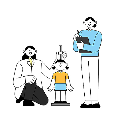 전신 여자 어린이 일러스트 들기 소녀 성인 세명 간호사 의사 기록 잡기 무릎꿇기 소아과 키재기 서류판 신장계 여자만 신장측정기 국내일러스트 AI파일 의료기기 모션 병원 사람 사무용품 의료진 측정 키_신체 파일형식 벡터