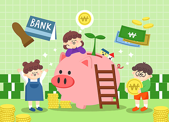전신 여자 남자 어린이 지폐 돈 생각 일러스트 사다리 주택 들기 소녀 소년 상반신 세명 초록색 반짝임 도장 새싹 동전 턱괴기 만세 돼지저금통 돈다발 재테크 통장 동전탑 어린이만 국내일러스트 AI파일 식물 컬러 모션 사람 건물 금융 쌓기 저금통 도구 재산 파일형식 벡터