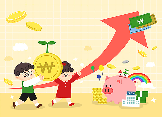 전신 여자 남자 화살표 어린이 무지개 지폐 돈 일러스트 주택 들기 소녀 소년 두명 새싹 동전 저축 돼지저금통 가리킴 재테크 은행 상승 어린이경제 동전탑 어린이만 국내일러스트 AI파일 자연요소 식물 컨셉 모션 사람 손짓 건물 금융 경제 쌓기 저금통 재산 파일형식 벡터