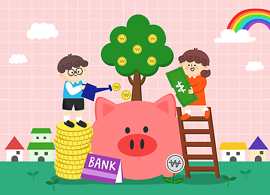 전신 나무 구름 여자 남자 어린이 무지개 지폐 돈 일러스트 사다리 주택 들기 소녀 소년 두명 새싹 동전 물뿌리개 저축 돼지저금통 재테크 통장 어린이경제 돈나무 동전탑 어린이만 국내일러스트 AI파일 자연요소 식물 모션 사람 건물 금융 경제 쌓기 저금통 도구 재산 파일형식 벡터