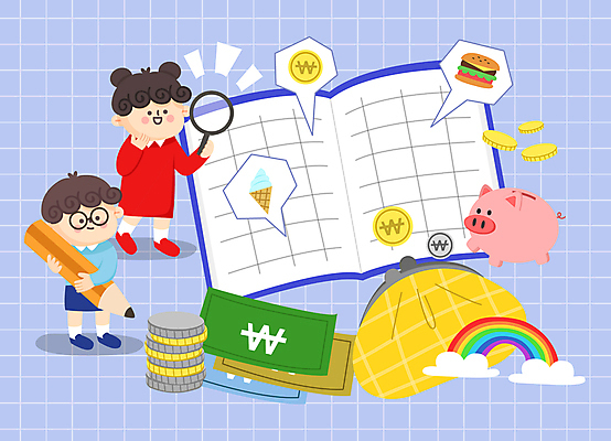 전신 여자 남자 어린이 무지개 말풍선 지폐 돈 일러스트 돋보기 아이스크림 들기 소녀 소년 두명 연필 동전 돼지저금통 햄버거 기록 지갑 재테크 어린이경제 가계부 어린이만 국내일러스트 AI파일 자연요소 모션 학용품 디저트 패스트푸드 사람 금융 경제 필기구 저금통 재산 파일형식 벡터
