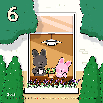 나무 화분 일러스트 창문 아침 조명 새해 들기 사람없음 눈감음 턱괴기 물뿌리개 달력 토끼 6월 창가 토끼캐릭터 라벤더 물뿌리기 2023년 흑토끼 계묘년 국내일러스트 AI파일 주간 식물 꽃 동물캐릭터 포유류 모션 반려동물 날짜 연도 허브 파일형식 벡터