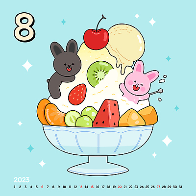 과일 일러스트 딸기 아이스크림 새해 귤 수박 매달리기 들기 사람없음 여름 숟가락 달력 토끼 체리 시원함 토끼캐릭터 망고 과일빙수 8월 2023년 망고포도 흑토끼 계묘년 국내일러스트 AI파일 계절 동물캐릭터 포유류 모션 디저트 수저 반려동물 날짜 연도 열대과일 청포도 빙수 파일형식 벡터