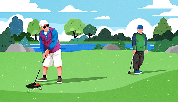 전신 PSD 응시 공원 노년 남자 골프 일러스트 골프장 골프공 서기 두명 선글라스 운동 잡기 기다림 준비 노인남자만 파크골프 국내일러스트 시선 공공시설 안경 공 스포츠시설 모션 골프용품 건강 사람 성인 구기 남자만 노인만 파일형식