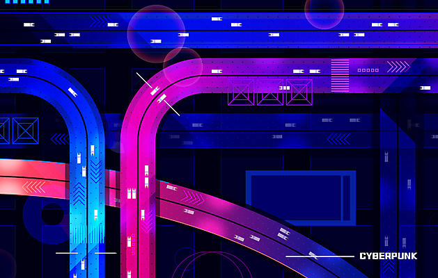 도로 일러스트 사람없음 빛 하이앵글 보라색 도시 남색 교차로 네온 형광 가상현실 메타버스 사이버펑크 국내일러스트 AI파일 길 뷰포인트 컬러 교통시설 파일형식 벡터 SF