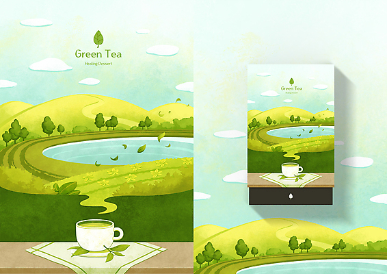 PSD 나무 구름 음료 일러스트 탁자 하늘 산 풍경 사람없음 초록색 상자 라벨 연못 차 찻잔 녹차 냅킨 패키지 녹차밭 찻잎 국내일러스트 자연요소 식물 컬러 가구 밭 잔 프레임 차_음료 파일형식