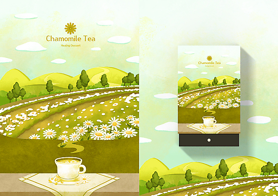 PSD 나무 구름 꽃 일러스트 탁자 하늘 나뭇잎 산 풍경 사람없음 연두색 상자 라벨 차 찻잔 냅킨 패키지 찻잎 차밭 캐모마일 국내일러스트 자연요소 식물 음료 가구 잎 밭 잔 프레임 초록색 차_음료 허브 파일형식