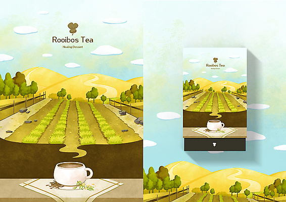 PSD 나무 구름 음료 밭 일러스트 탁자 하늘 산 풍경 사람없음 울타리 상자 라벨 흙 바위 차 찻잔 냅킨 패키지 찻잎 루이보스 국내일러스트 자연요소 식물 가구 농업 잔 프레임 차_음료 담장 돌_바위 파일형식