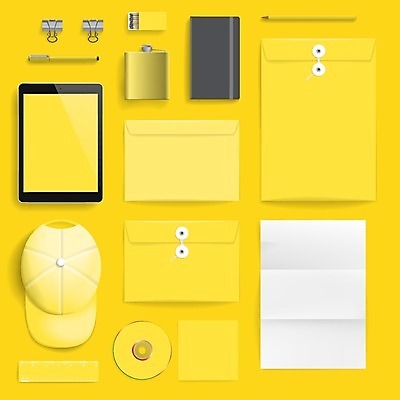 EPS 해외이미지 템플릿 디자인 종이 일러스트 비즈니스 문구용품 봉투 자 세트 알약 연필 펜 노란색 공백 성냥 플라스크 신분 캡모자 목업 스타일 브랜딩 해외202004 해외일러스트 모자_잡화 컬러 학용품 실험기구 필기구 약 오브젝트 파일형식 벡터