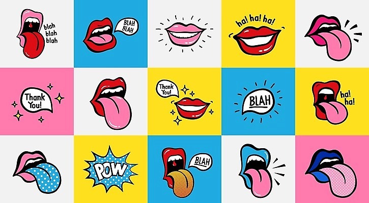 EPS 해외이미지 디자인 분홍색 백그라운드 말풍선 스티커 패턴 일러스트 텍스트 추상 말하기 미술 미소 사람없음 빨간색 파란색 세트 컬러풀 노란색 패턴백그라운드 입 메시지 치아 낙서 만화 혀 입술 팝아트 코믹 카툰스타일 해외202004 해외일러스트 컬러 무늬 모션 문화예술 표정 신체부위 소화기관 그림 파일형식 벡터