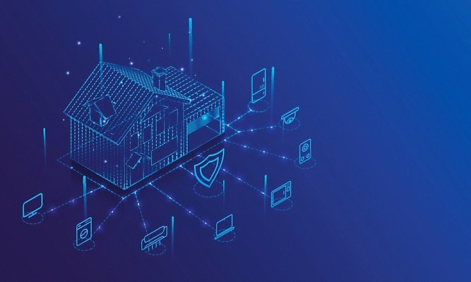 EPS 해외이미지 백그라운드 일러스트 주택 사람없음 파란색 반짝임 디지털 네트워크 보호 사이버 보안 홀로그램 사물인터넷 해외202004 해외일러스트 컬러 컨셉 모션 정보기술 안전 건물 파일형식 벡터