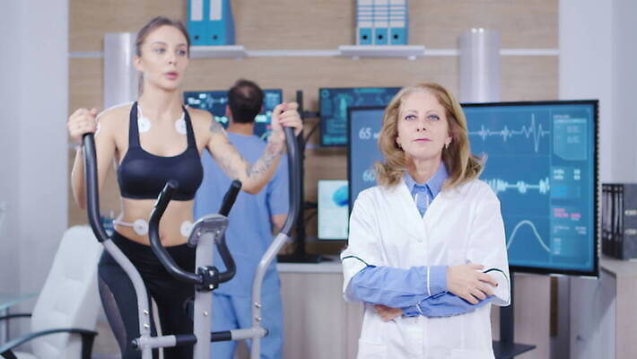 직업 과학 건강 병원 여러명 운동복 컴퓨터 달리기 운동 약 건강관리 스크린 모니터 장비 센터 실험실 연습 측정 시설 하이테크 달리기선수 4K MOV 해외동영상 클립영상 옷 다수 의학 모션 기술 실험 관리 사람 전자제품 육상선수 동영상 파일형식