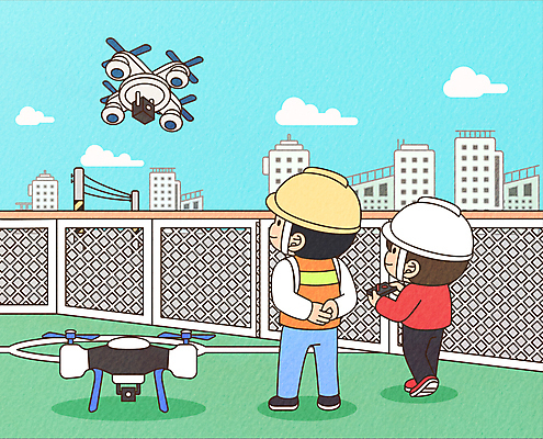 전신 남자 어린이 일러스트 하늘 서기 들기 소년 성인 두명 건물 운전 체험학습 체험 뒷짐 직업체험 드론 원격조종 남자만 어린이직업체험 모빌리티 국내일러스트 AI파일 건축물 교통수단 컨셉 모션 사람 파일형식 벡터