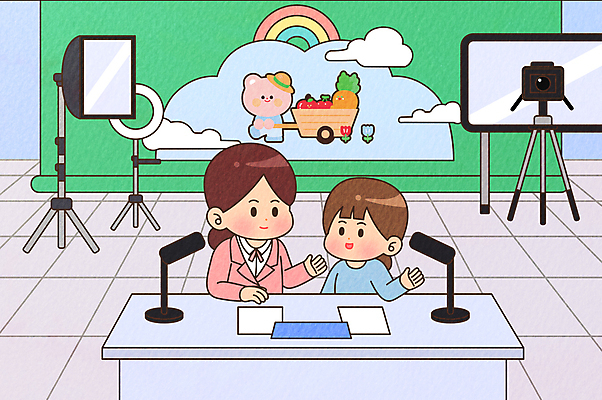 여자 어린이 일러스트 스튜디오 말하기 소녀 상반신 성인 두명 체험학습 체험 마이크 방송 직업체험 방송인 방송국 방송중 촬영장비 여자만 어린이직업체험 국내일러스트 AI파일 직업 음향기기 컨셉 모션 사람 도구 파일형식 벡터