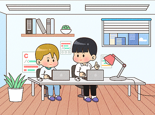 전신 남자 화분 어린이 일러스트 창문 탁자 앉기 소년 성인 두명 노트북 사무실 체험학습 체험 직업체험 프로그래머 프로그래밍 남자만 코딩 어린이직업체험 국내일러스트 AI파일 직업 가구 컨셉 비즈니스 모션 사람 전자제품 작업 개발 컴퓨터교육 파일형식 벡터