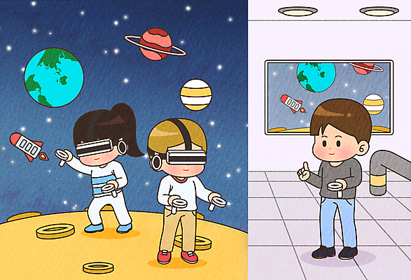 전신 여자 남자 어린이 일러스트 서기 들기 소녀 소년 성인 세명 우주 행성 로켓 체험학습 체험 우주선 직업체험 가상공간 가상현실 VR기기 어린이직업체험 국내일러스트 AI파일 컨셉 모션 사람 기계 파일형식 벡터