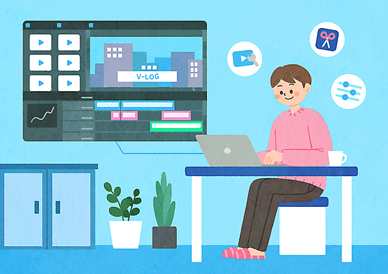 전신 PSD 남자 화분 하늘색 일러스트 탁자 한명 앉기 성인 노트북 작업 성인남자한명만 크리에이터 1인미디어 브이로그 영상편집 국내일러스트 직업 1 라이프스타일 가구 모션 사람 파란색 전자제품 방송 동영상 남자한명만 성인남자만 파일형식