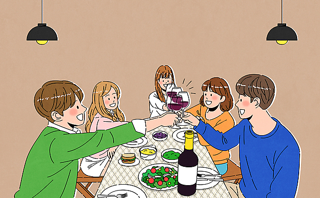 여자 남자 와인잔 일러스트 식탁 전등 함께함 웃음 들기 여러명 상반신 성인 친구 갈색 와인 턱괴기 와인병 동료 건배 와인바 회식 성인만 국내일러스트 AI파일 컬러 다수 컨셉 술잔 관계 모션 탁자 병_용기 조명 주류 표정 사람 식사 파일형식 벡터